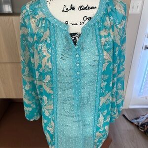 Zac & Rachel Turquoise and Tan & White Floral Blouse